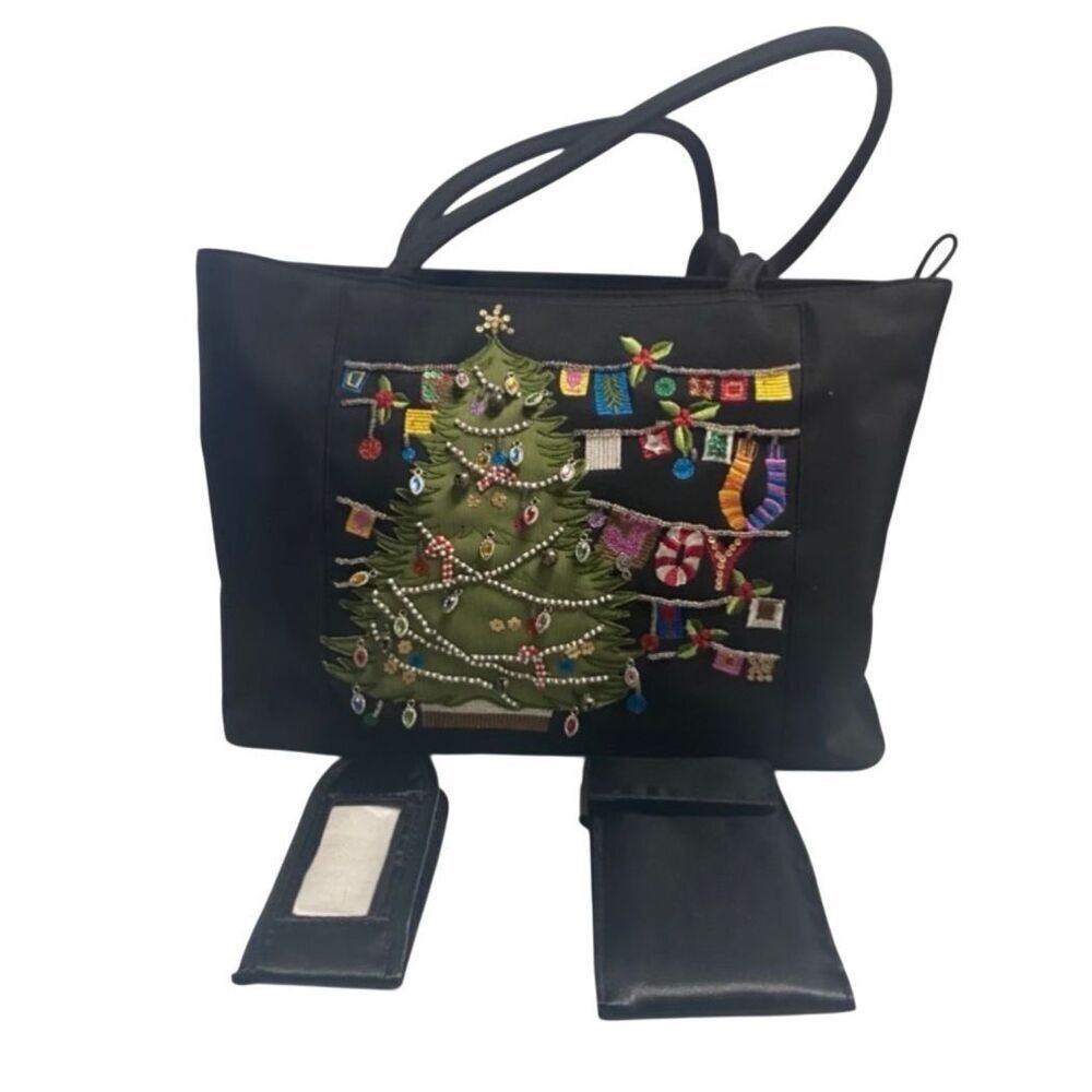 BUENO Vintage Christmas Tree Beaded Black Shoulder Tote Bag 9X3X12.5 Holiday‎